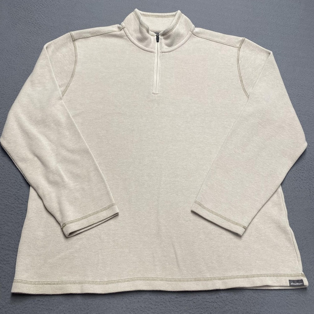 Eddie Bauer Sweater Mens XL Beige 1/4 Zip Mock‎ Neck Tight-Knit Pullover